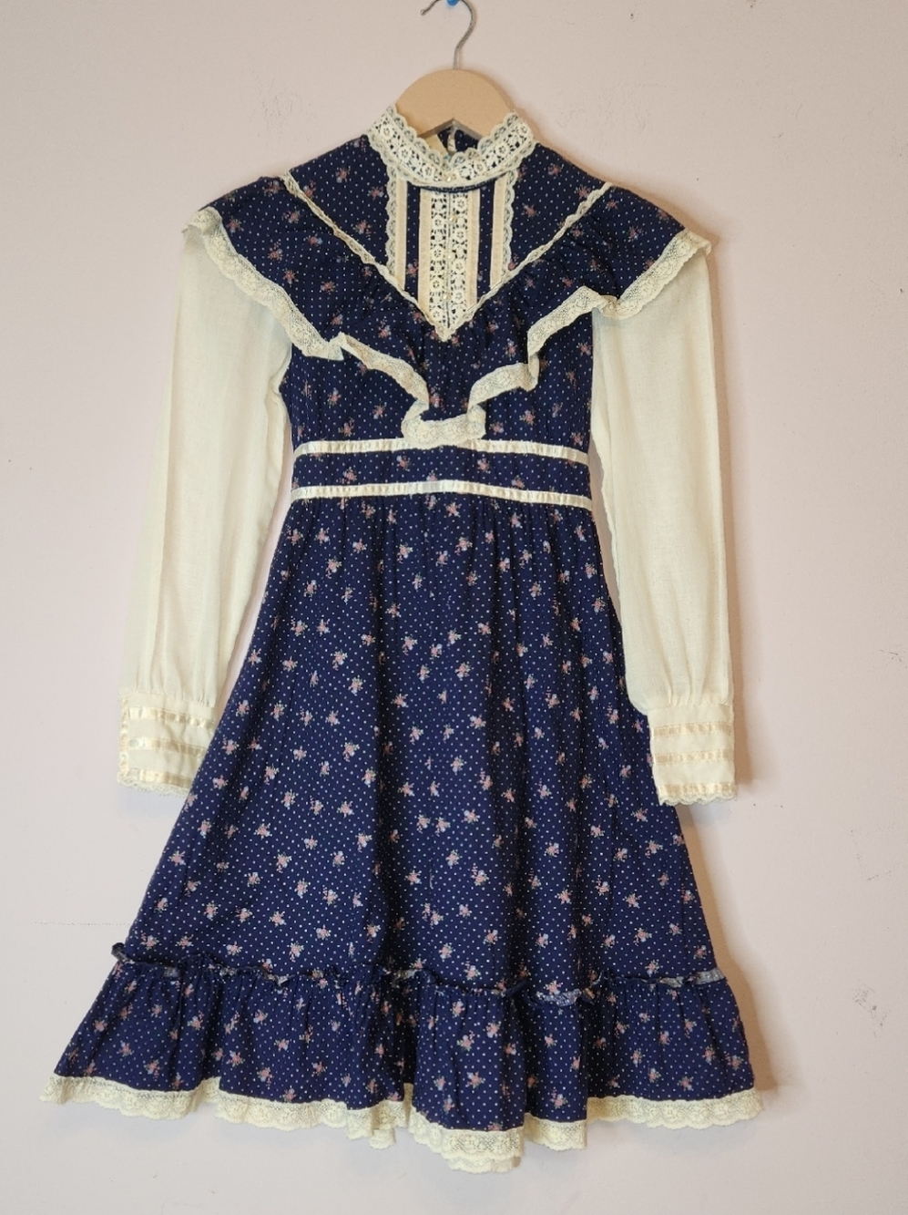 VTG 1970s Gunne Sax prairie-style dress, blue floral calico print, size 10